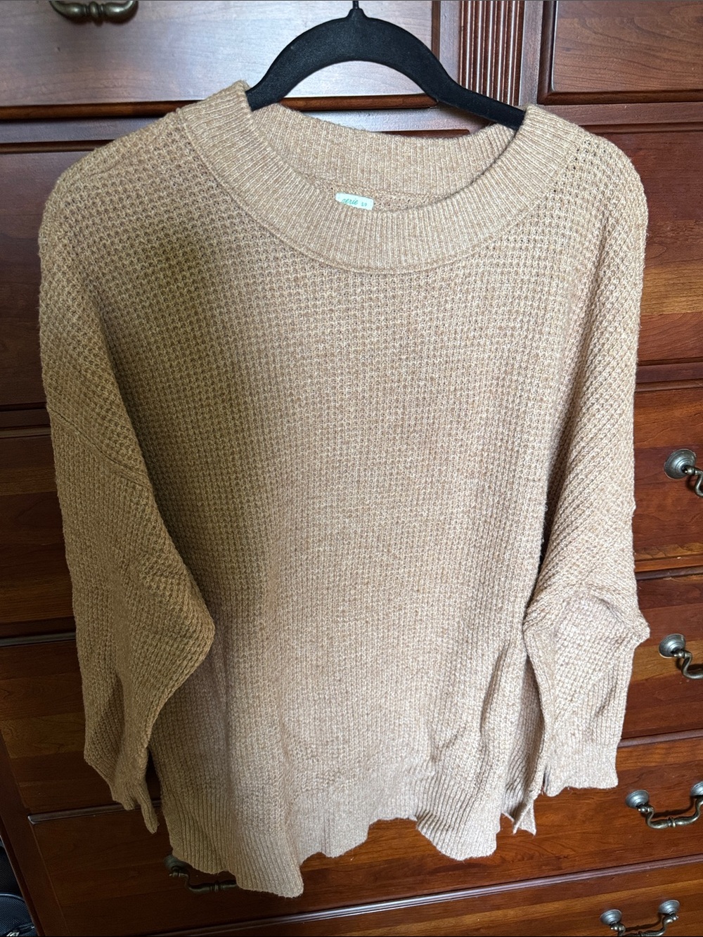 aerie Neutral Camel Oversized Waffle-Knit Crewneck Sweater size small